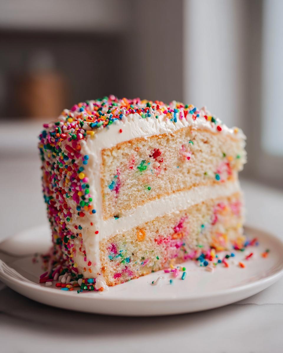 Joyful Funfetti Birthday Cake Recipe 5 A delicious slice of Funfetti Birthday Cake, layered with white frosting and covered in colorful sprinkles.