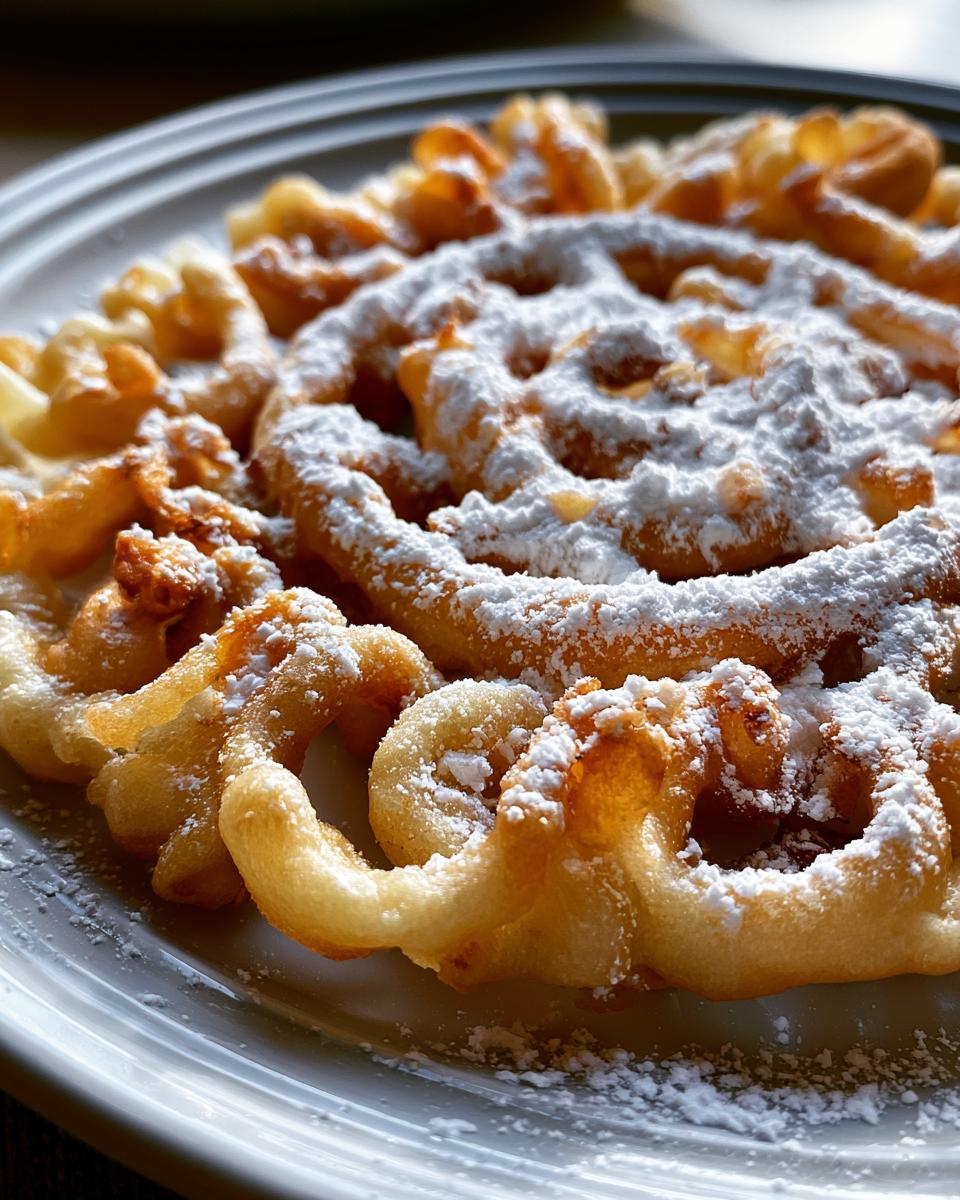 Funnel Cake: Easy 25-Minute Carnival Favorite 4 Close-up of a golden brown Funnel Cake dusted generously with powdered sugar on a white plate.