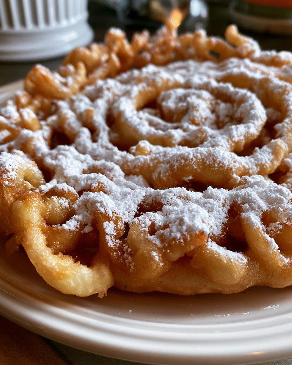 Funnel Cake: Easy 25-Minute Carnival Favorite 5 Close-up of a golden-brown Funnel Cake dusted generously with powdered sugar, showcasing its intricate swirls.