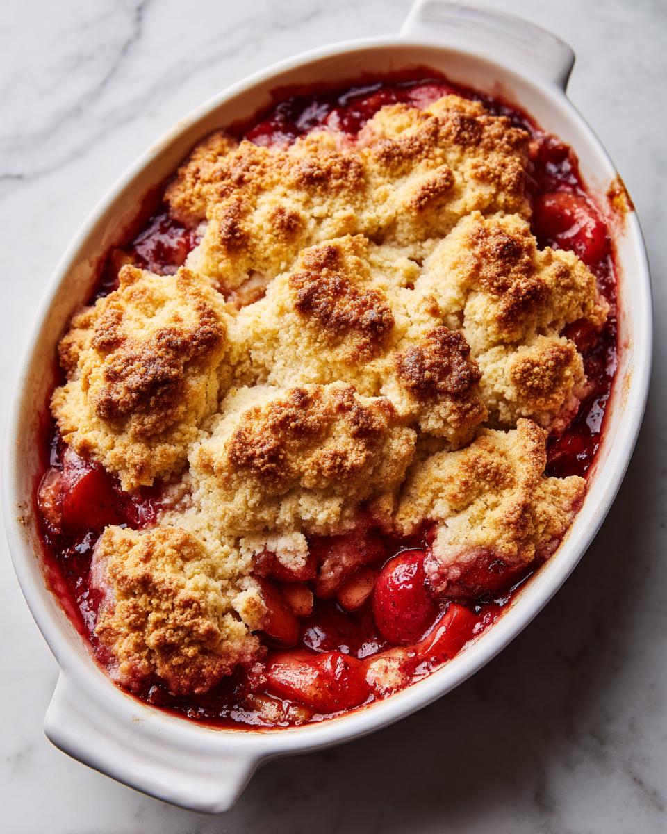 Gerry's Cobbler: Pure Comfort Dessert 4 A close-up shot of Gerry's Cobbler, a warm strawberry dessert with a golden crumble topping in a white baking dish.