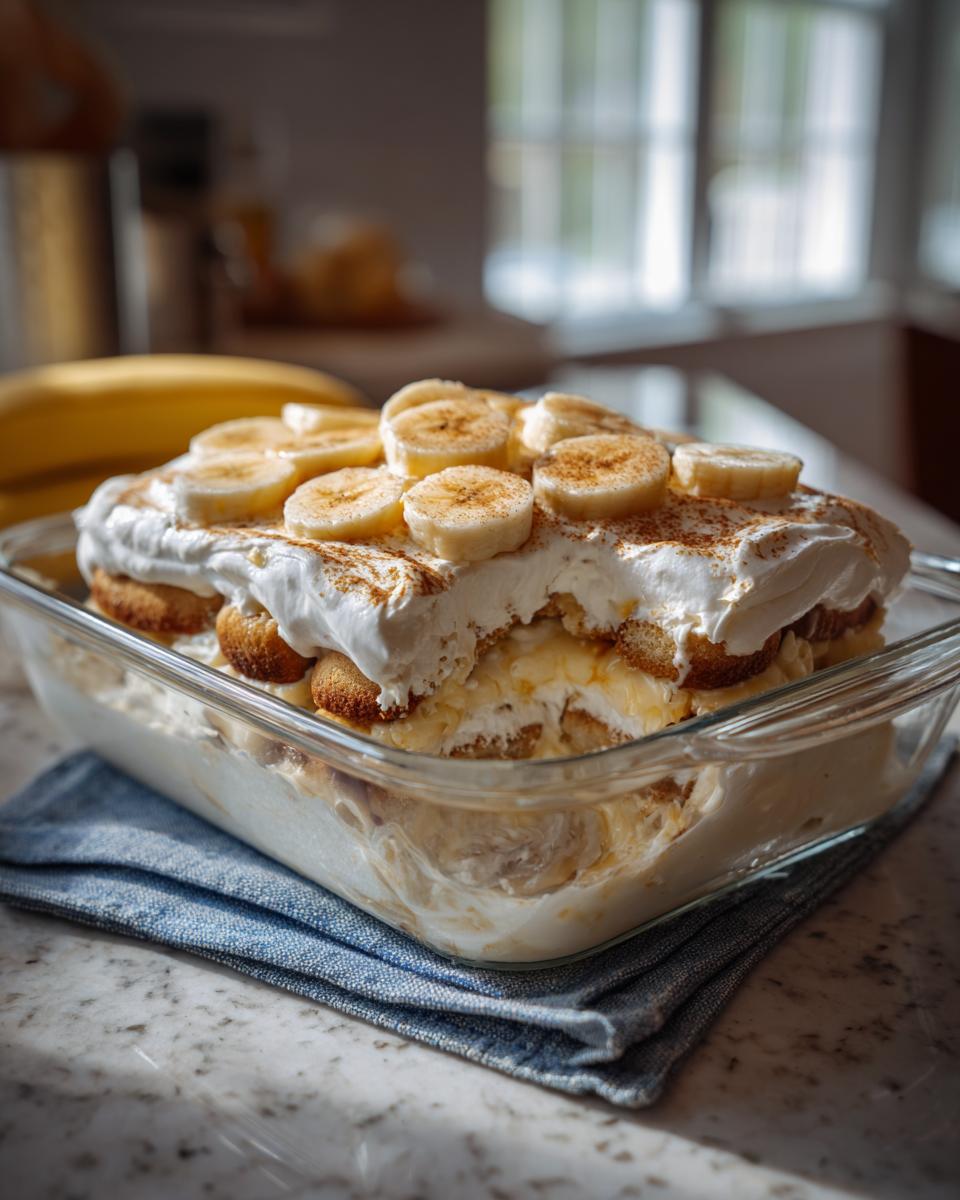 Grandma's Banana Pudding: Pure Comfort 4 A close-up of Grandma's Banana Pudding in a glass baking dish, topped with whipped cream and sliced bananas.