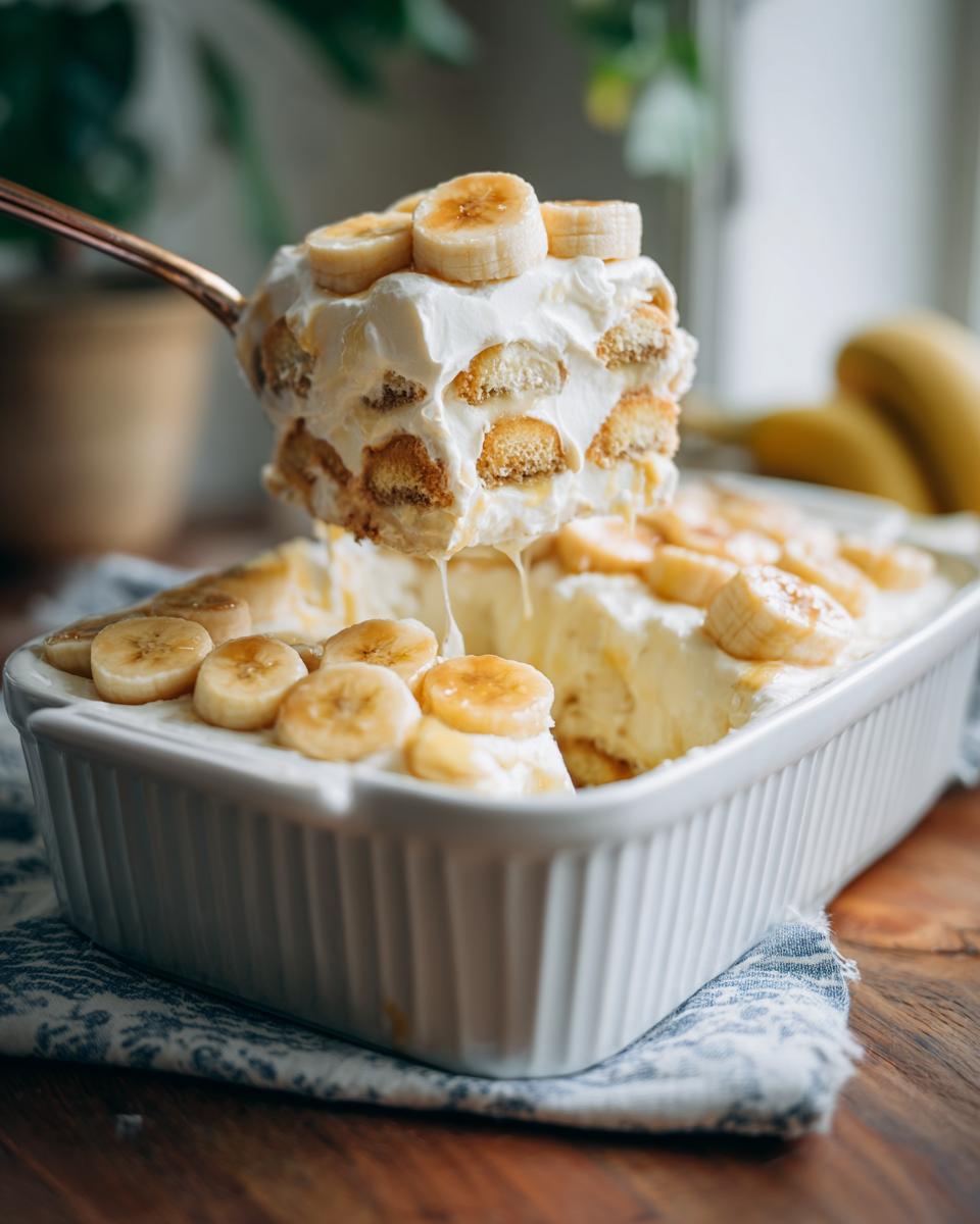 Grandma's Banana Pudding: Pure Comfort 5 A serving spoon lifts a generous portion of Grandma's Banana Pudding, revealing layers of cookies and cream topped with fresh banana slices.