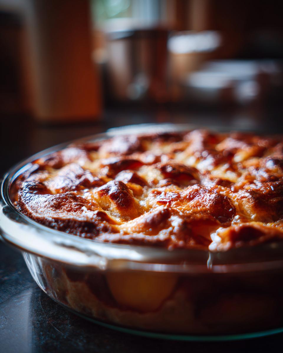 Great Grandma's Peach Cobbler: Pure Comfort 4 A golden-brown, freshly baked Great Grandma's Peach Cobbler in a glass dish, with bubbling fruit peeking through the crust.