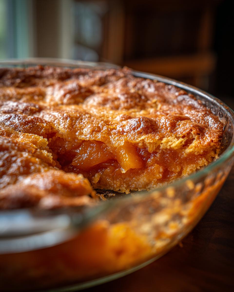 Great Grandma's Peach Cobbler: Pure Comfort 5 A close-up view of Great Grandma's Peach Cobbler in a glass baking dish, showing the golden-brown crust and juicy peach filling.