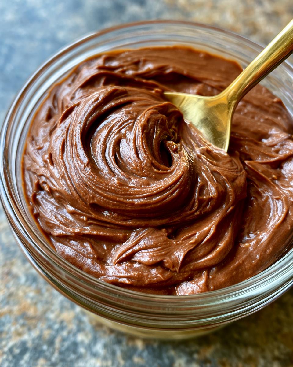 3 Sweet Ways to Make Healthy Avocado Banana Pudding 5 Close-up of rich chocolate Healthy Avocado Banana Pudding in a glass jar, with a golden spoon swirling the creamy texture.