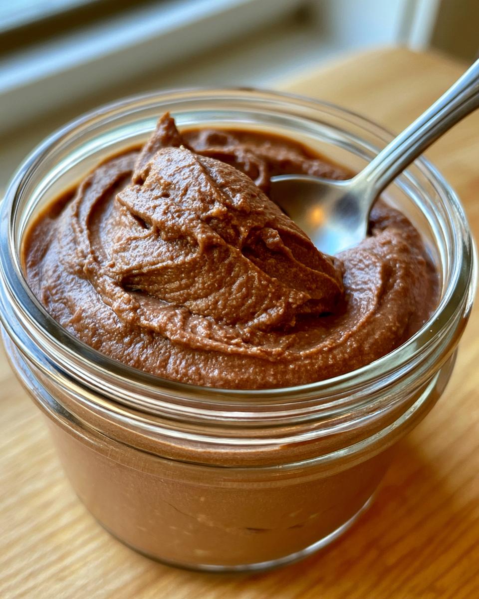 3 Sweet Ways to Make Healthy Avocado Banana Pudding 4 A close-up of creamy chocolate Healthy Avocado Banana Pudding in a glass jar with a spoon.