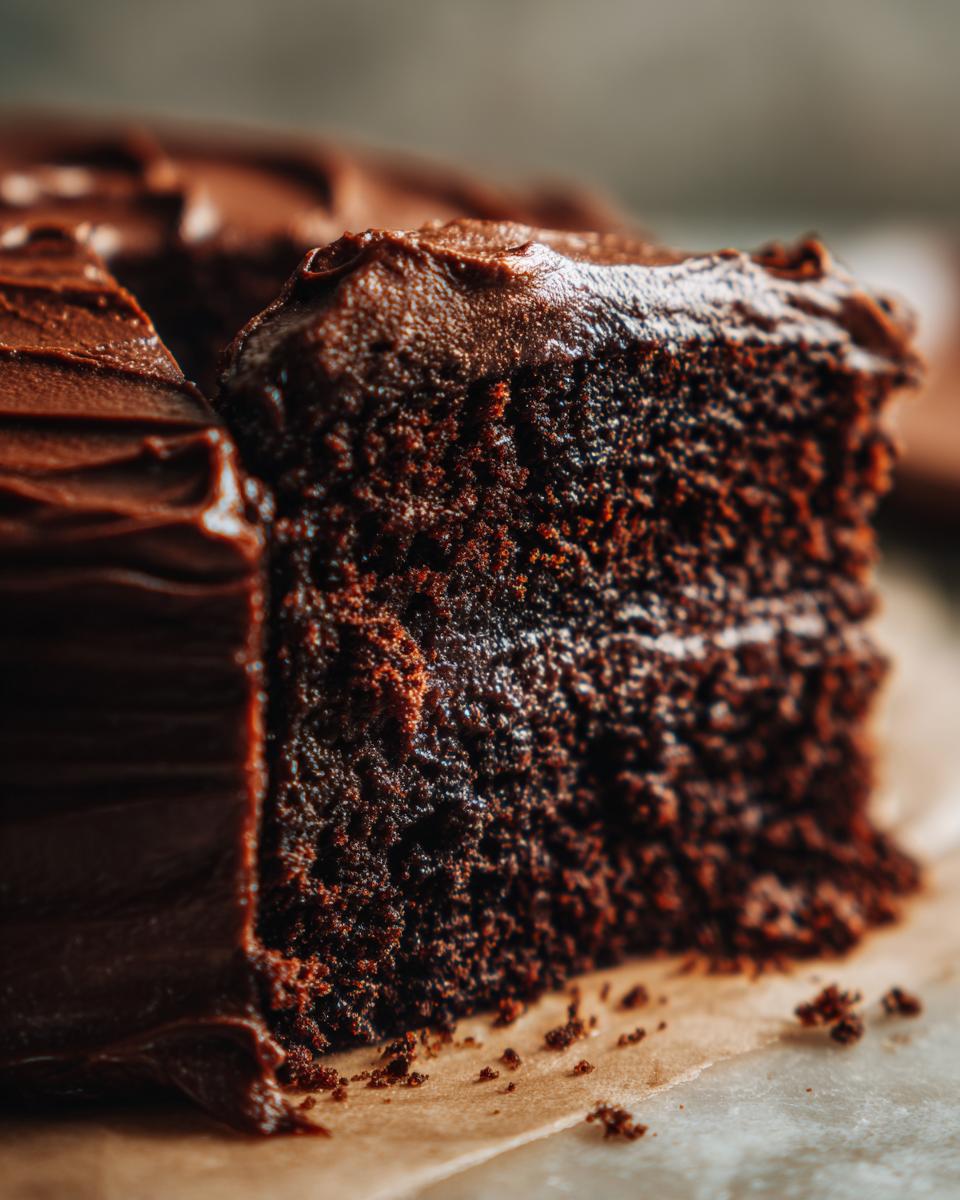 Heaven on Earth Cake: Pure Bliss Recipe 4 A close-up shot of a slice of decadent chocolate Heaven on Earth Cake with rich chocolate frosting.