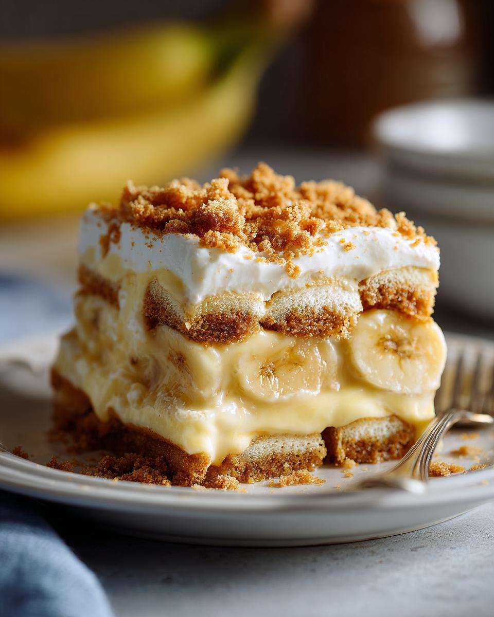 Dreamy Homemade Banana Pudding Comfort 4 A delicious slice of Homemade Banana Pudding with layers of cookies, bananas, and creamy pudding, topped with whipped cream and crumbs.