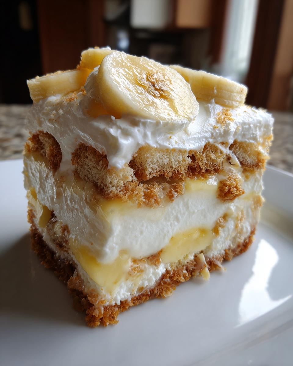 Dreamy Homemade Banana Pudding Comfort 5 A generous slice of homemade banana pudding on a white plate, topped with whipped cream and banana slices.