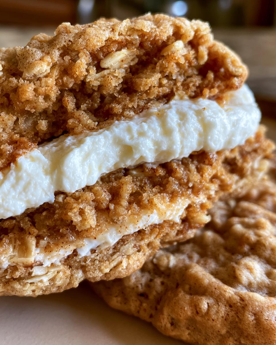 Homemade Oatmeal Cream Pies: The Ultimate Comfort Treat 4 Close-up of a Homemade Oatmeal Cream Pie, showing the creamy filling between two soft oatmeal cookies.