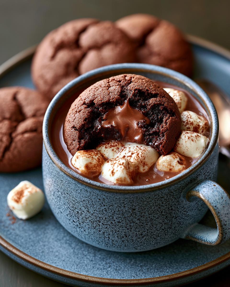 Hot Chocolate Cookies: Fudgy Gooey Perfection 4 Close-up of a fudgy Hot Chocolate Cookie being dipped into a mug of hot cocoa with marshmallows.