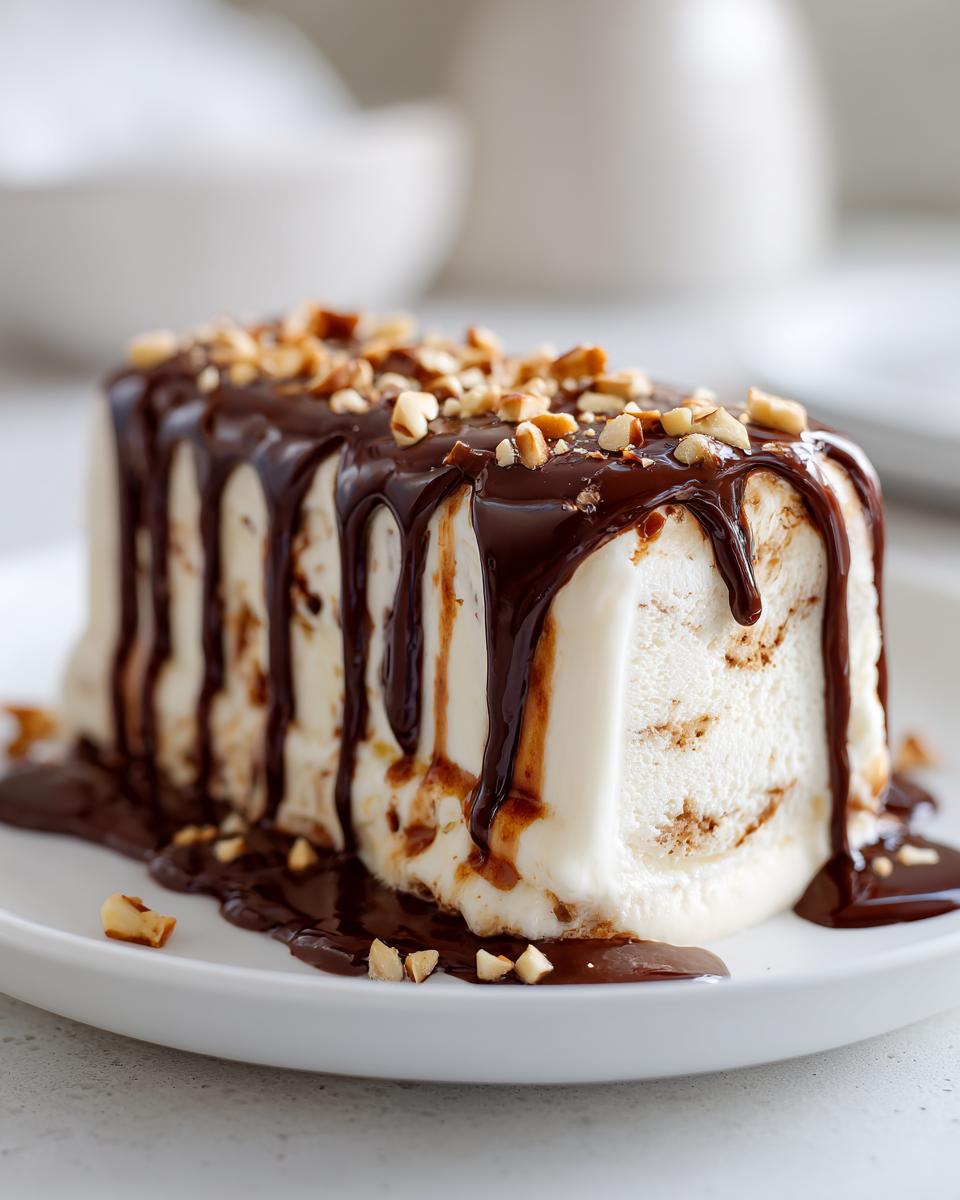 Hot Fudge Ice Cream Bar Dessert: Pure Joy 4 A slice of Hot Fudge Ice Cream Bar Dessert drizzled with hot fudge sauce and topped with chopped nuts.