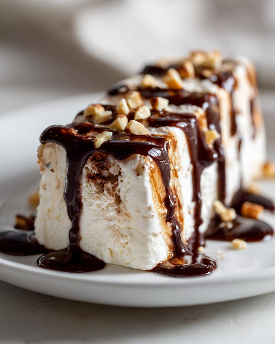 Hot Fudge Ice Cream Bar Dessert: Pure Joy 5 A slice of Hot Fudge Ice Cream Bar Dessert, drizzled with chocolate sauce and topped with chopped nuts.