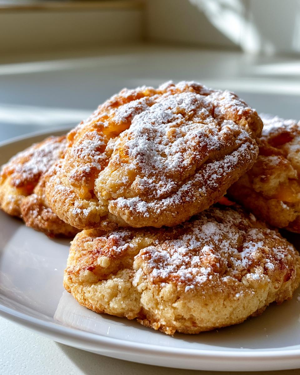 Italian Peach Summer Cookies: Soft, Easy & Irresistible 5 A close-up of Italian Peach Summer Cookies dusted with powdered sugar on a white plate.