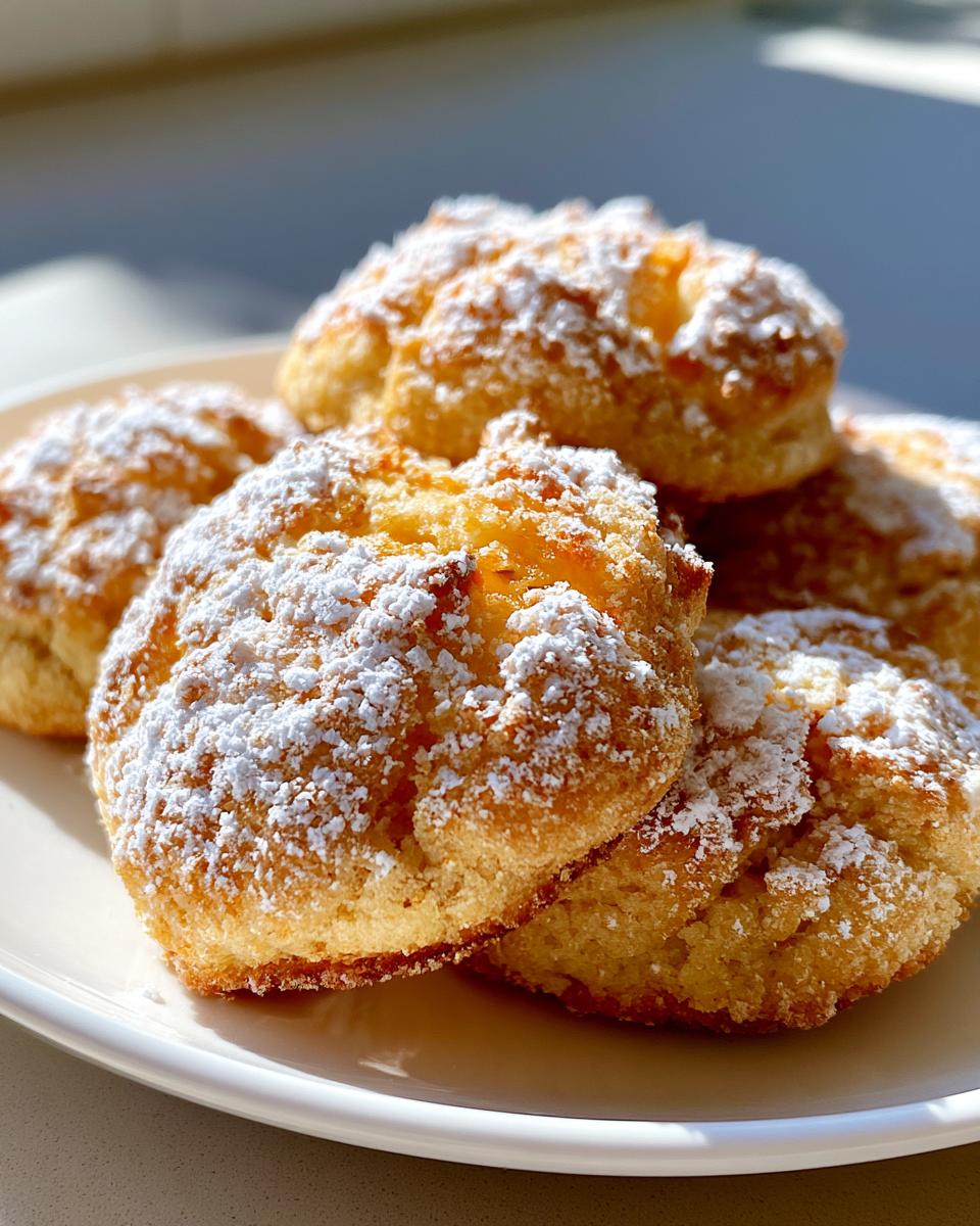 Italian Peach Summer Cookies: Soft, Easy & Irresistible 4 A close-up of several Italian Peach Summer Cookies dusted with powdered sugar on a white plate.