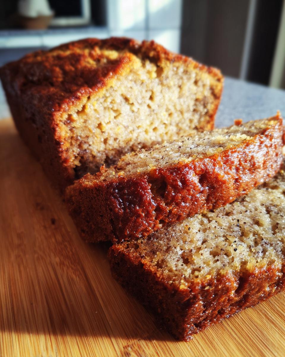 Janet's Rich Banana Bread: Delicious Comfort 4 Close-up of moist slices of Janet's Rich Banana Bread on a wooden cutting board.