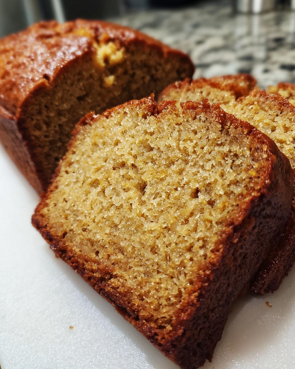 Janet's Rich Banana Bread: Delicious Comfort 5 Close-up of sliced Janet's Rich Banana Bread on a white cutting board, showing its moist texture.