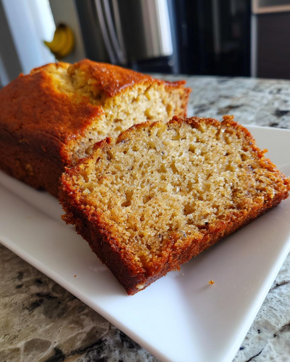 Joy's Easy Banana Bread: Divine 15-min Bake 4 A close-up of a slice of Joy's Easy Banana Bread on a white plate, showing its moist texture and golden crust.