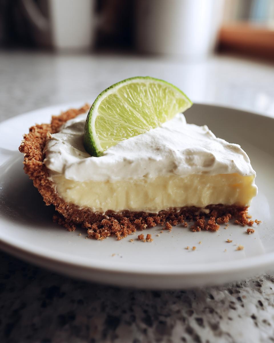 Heavenly Key Lime Pie Bliss 5 A delicious slice of Key Lime Pie with a graham cracker crust, creamy filling, whipped cream, and a lime wedge.