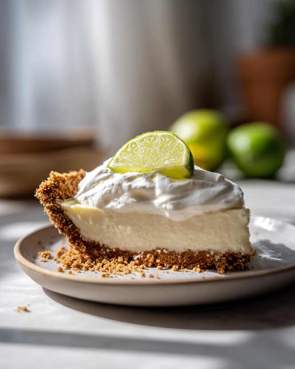 Heavenly Key Lime Pie Bliss 4 A delicious slice of Key Lime Pie topped with whipped cream and a lime wedge.