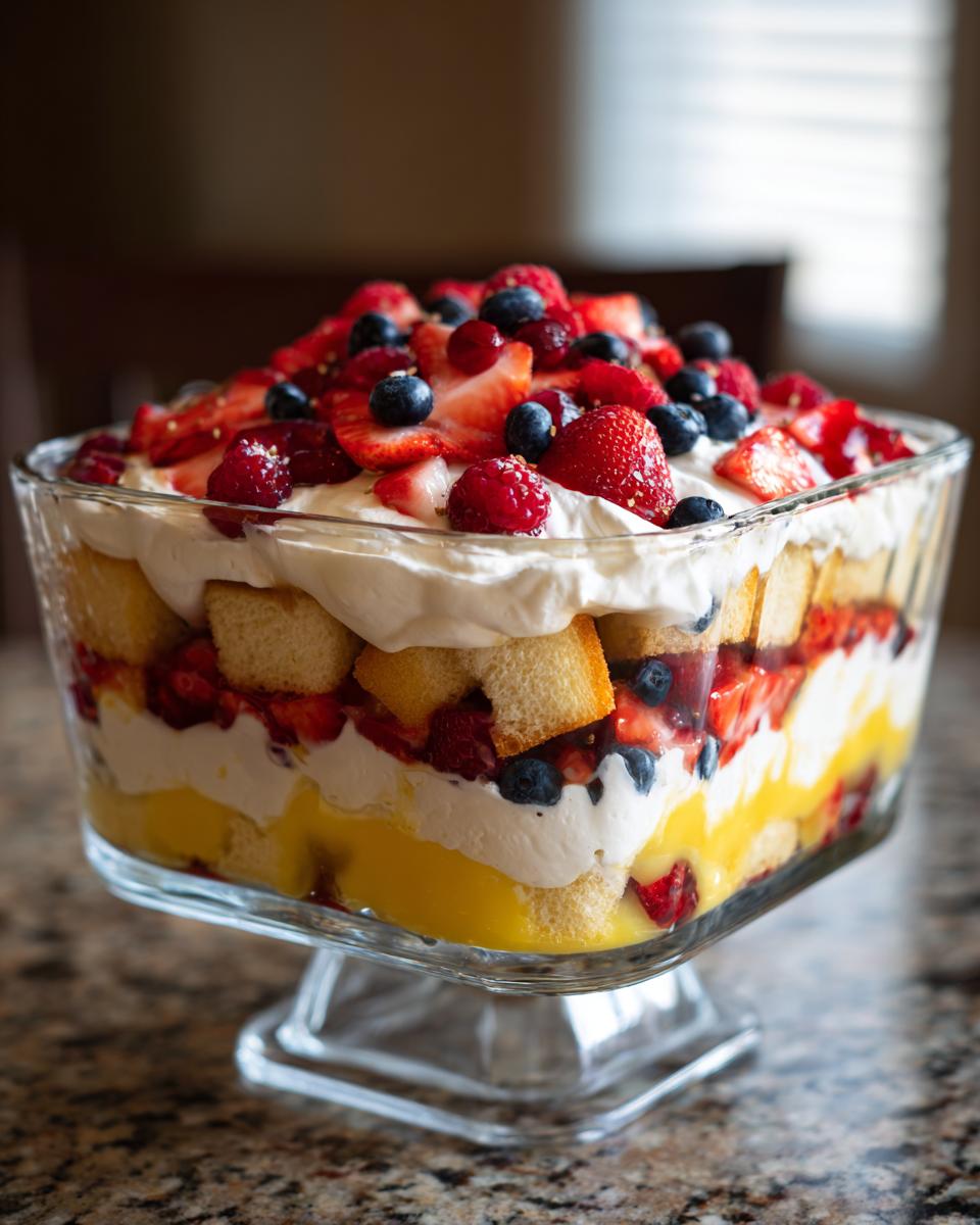 Effortless Lemon Berry Trifle: Sunshine Dessert 5 A beautiful layered Lemon Berry Trifle in a glass bowl, featuring cake, custard, berries, and whipped cream.