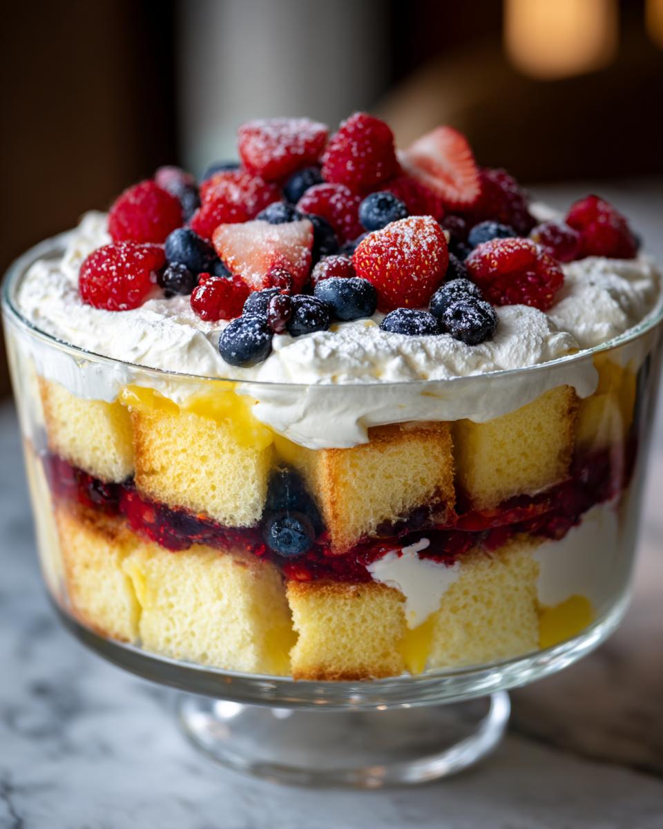 Effortless Lemon Berry Trifle: Sunshine Dessert 4 A beautiful layered Lemon Berry Trifle in a glass bowl, topped with fresh berries and whipped cream.