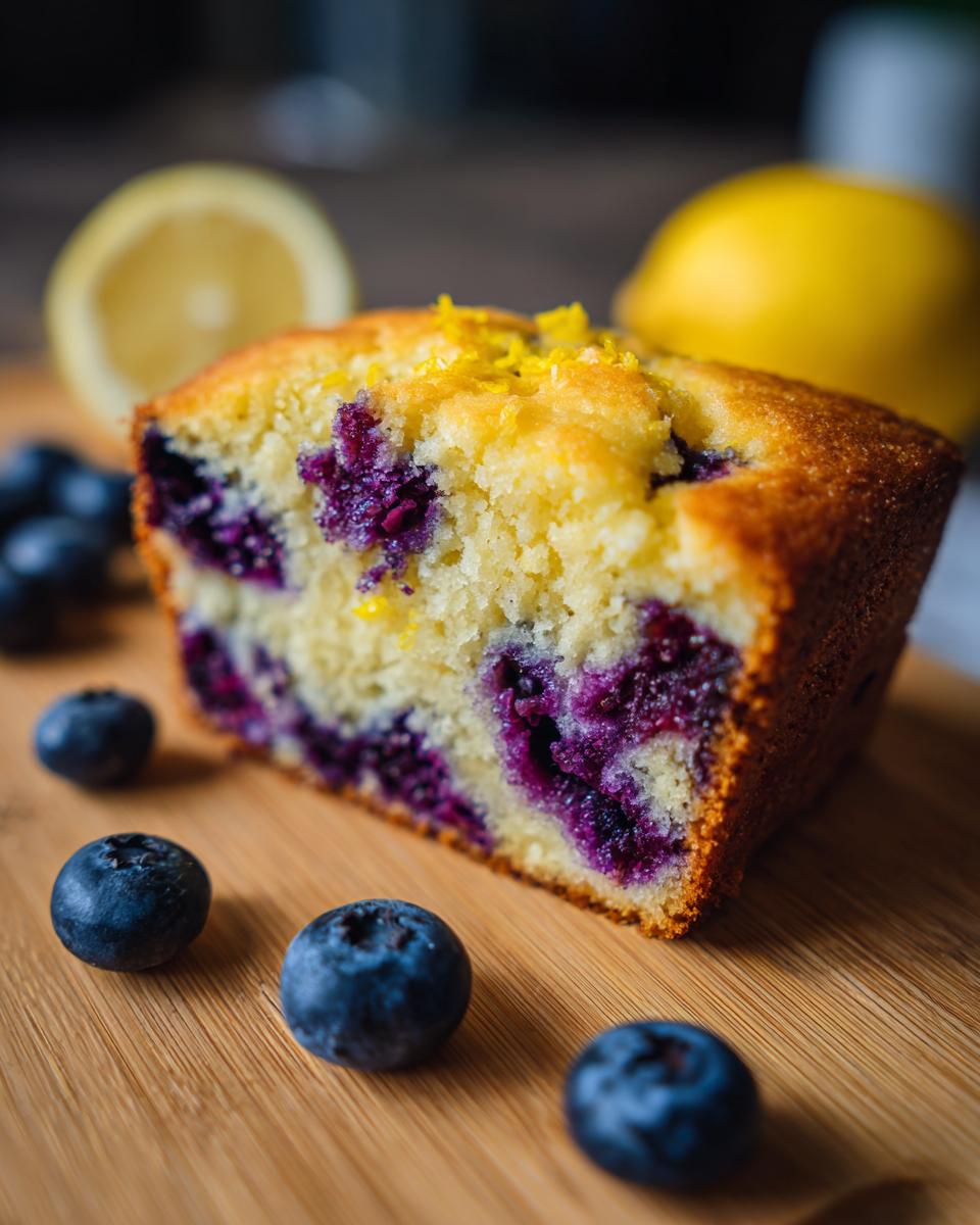 Bright Lemon Blueberry Cake Recipe 4 A slice of moist Lemon Blueberry Cake with fresh blueberries and lemon zest on top, served on a wooden board.
