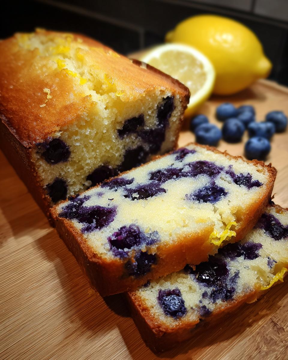 Bright Lemon Blueberry Cake Recipe 5 Close-up of a sliced Lemon Blueberry Cake, showcasing plump blueberries and lemon zest.