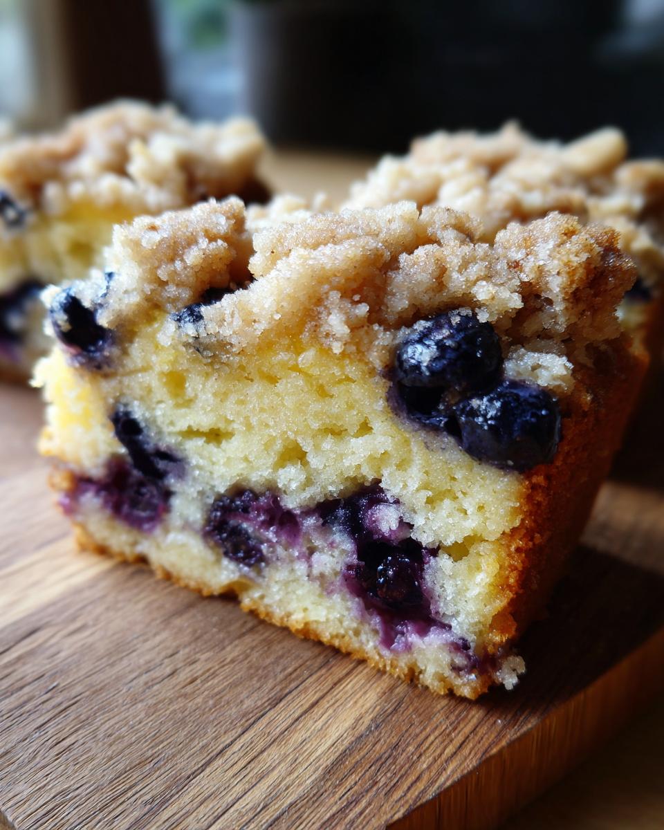 Divine Lemon Blueberry Coffee Cake Joy 4 A close-up of a slice of Lemon Blueberry Coffee Cake, showcasing juicy blueberries and a crumbly streusel topping.