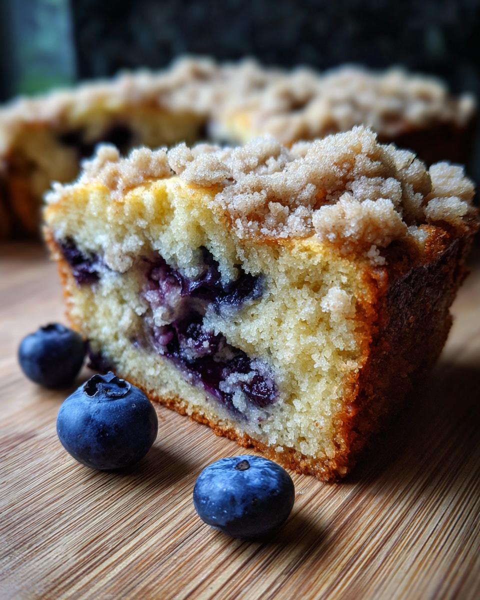 Divine Lemon Blueberry Coffee Cake Joy 5 A slice of moist Lemon Blueberry Coffee Cake topped with crumbly streusel, with fresh blueberries on the side.