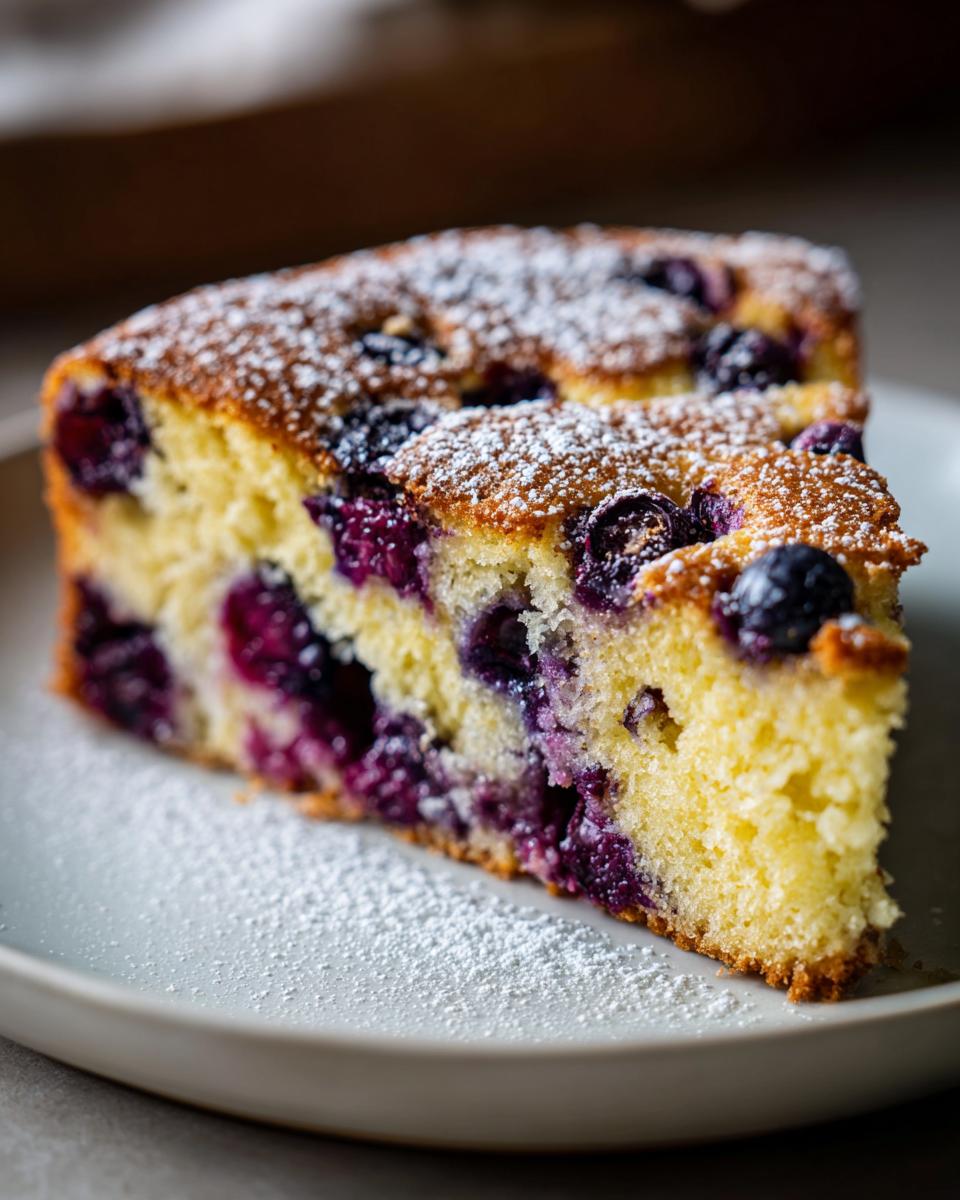 Lemon Blueberry Magic Cake: Pure Sunshine Dessert 4 A slice of Lemon Blueberry Magic Cake dusted with powdered sugar, showcasing plump blueberries within the tender cake.