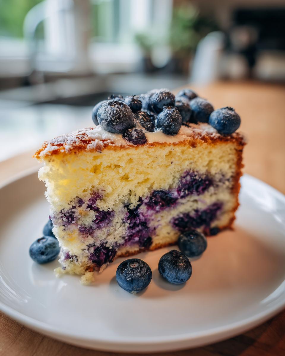 Lemon Blueberry Magic Cake: Pure Sunshine Dessert 5 A slice of Lemon Blueberry Magic Cake topped with fresh blueberries and powdered sugar, served on a white plate.