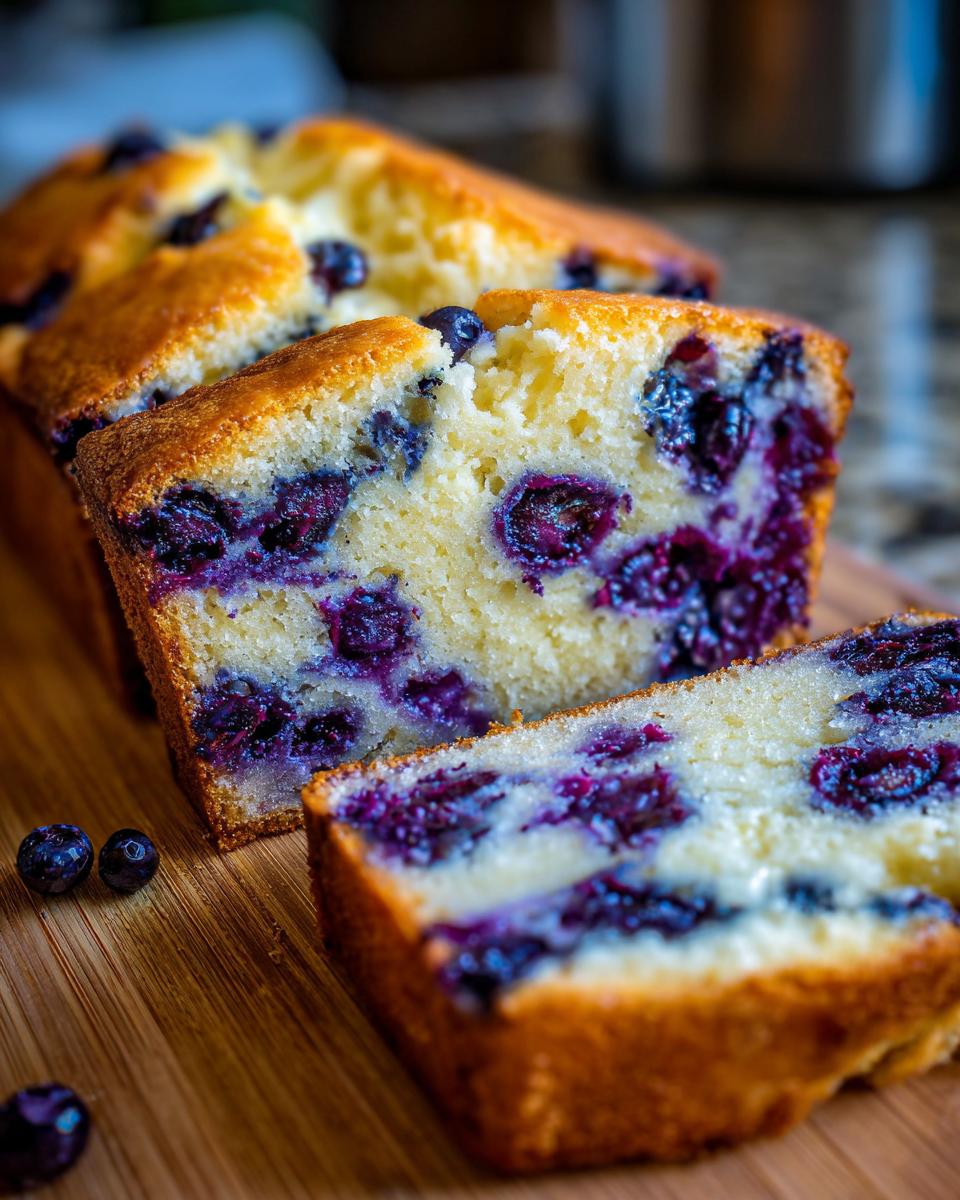 Divine Lemon Blueberry Pound Cake Recipe 4 Close-up of a slice of moist Lemon Blueberry Pound Cake, showcasing plump blueberries baked into the tender crumb.
