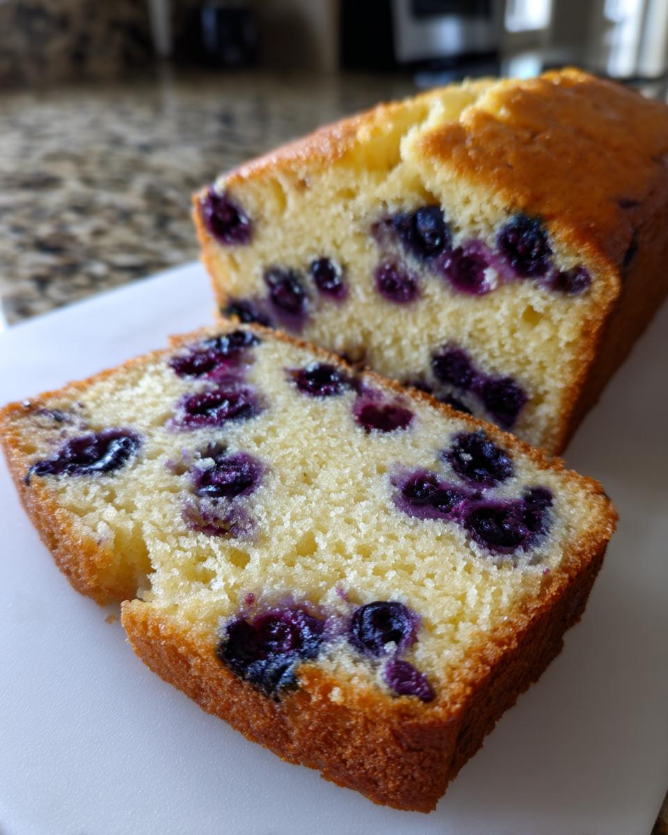 Divine Lemon Blueberry Pound Cake Recipe 5 A slice of moist Lemon Blueberry Pound Cake with visible blueberries and a golden crust.