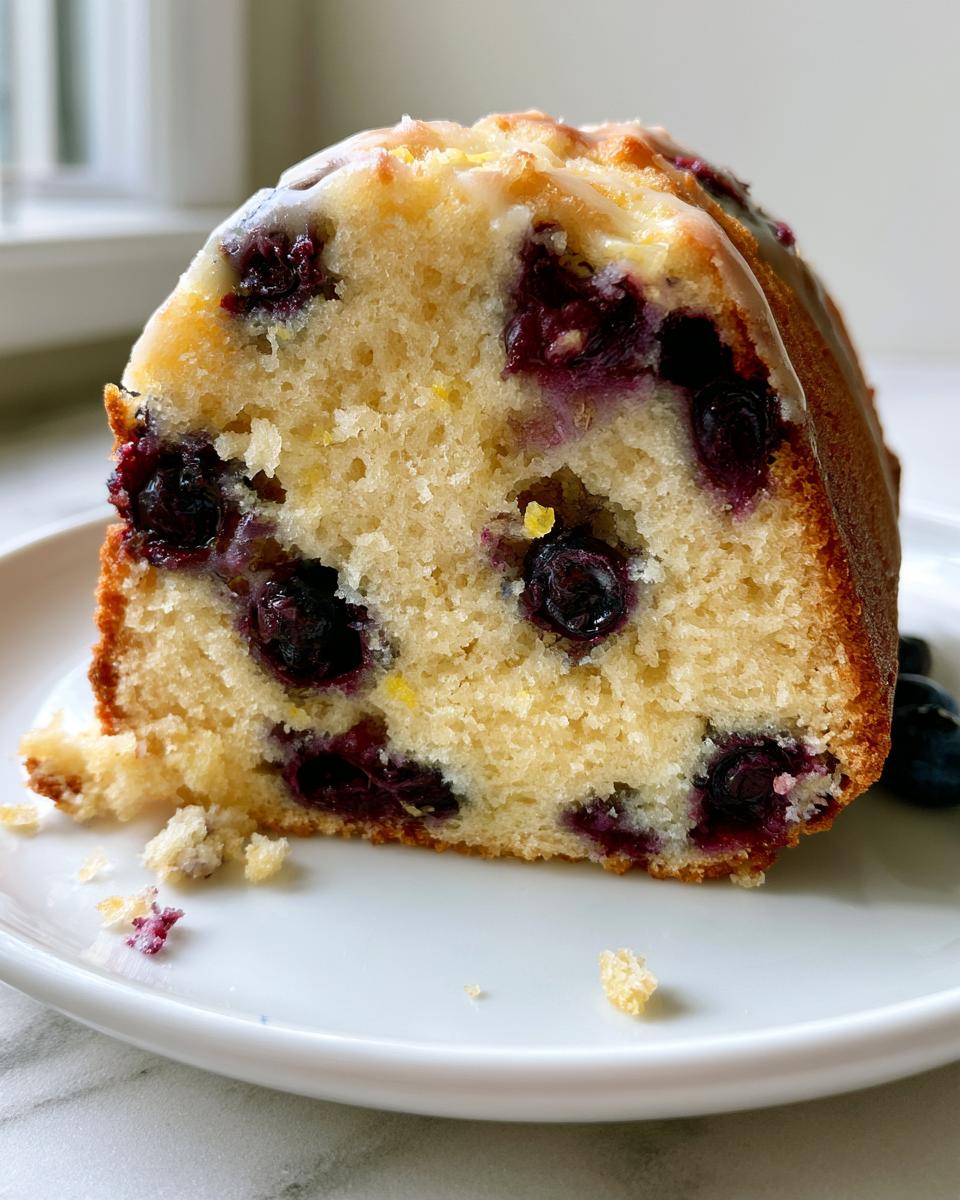 Lemon Blueberry Pound Cake That Stole My Recipe 5 A slice of moist Lemon Blueberry Pound Cake with a light glaze and fresh blueberries visible.