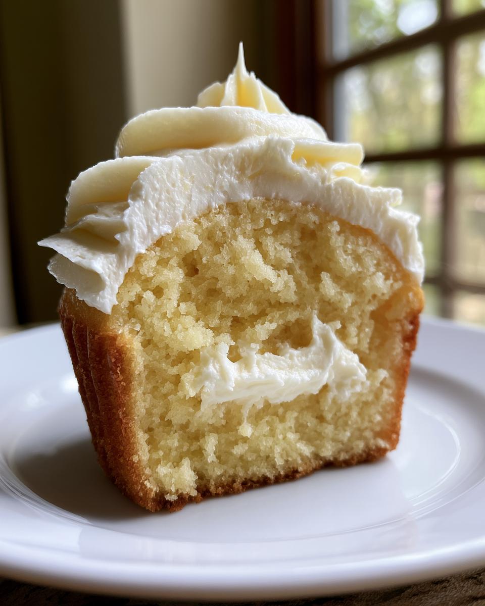 Light Lemon Cupcakes with Creamy Buttercream 4 A close-up of a cut Lemon Cupcake, revealing its moist crumb and creamy buttercream frosting.