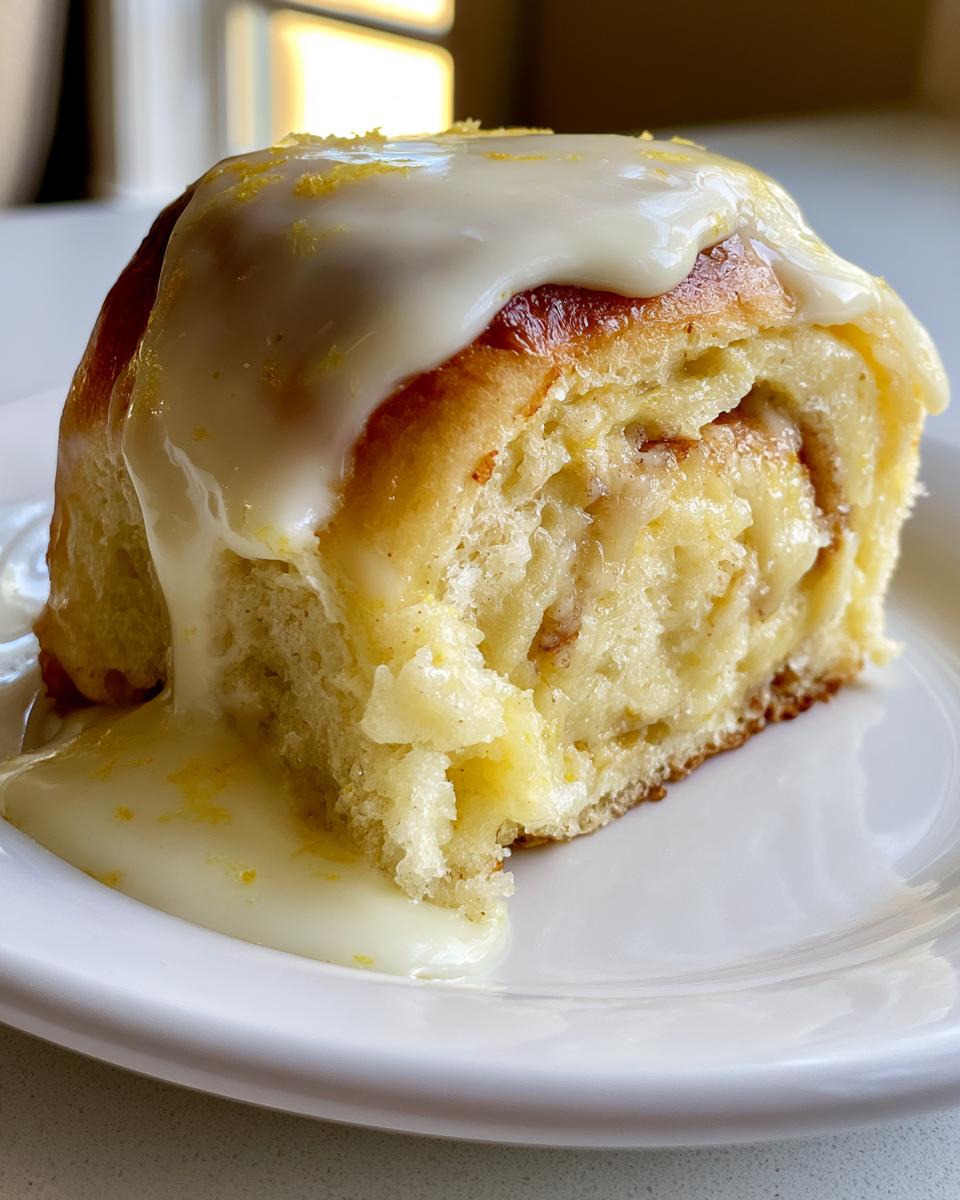 Lemon Sweet Rolls for a Bright Morning 5 A close-up of a freshly baked Lemon Sweet Roll, generously topped with a creamy glaze and lemon zest.