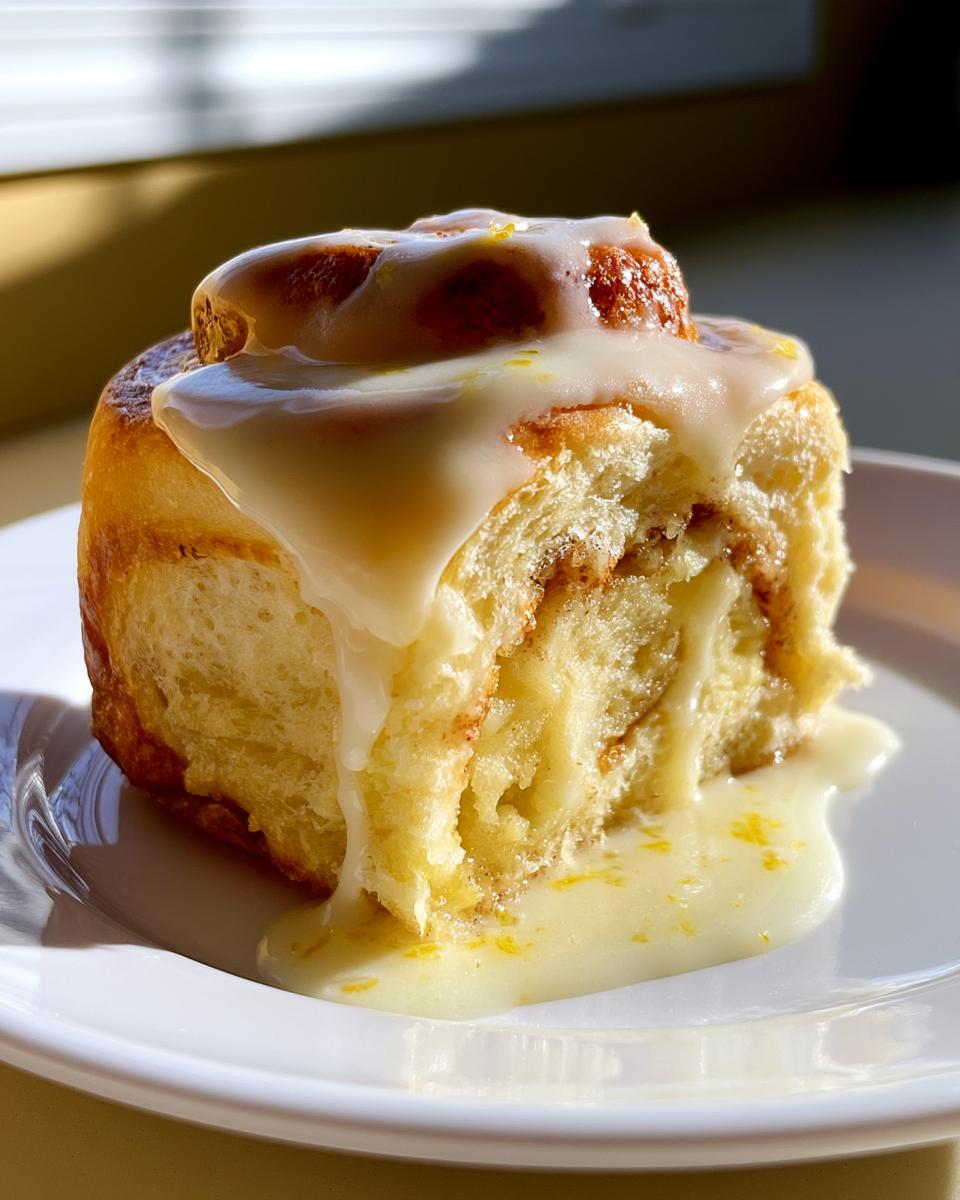 Lemon Sweet Rolls for a Bright Morning 4 A close-up of a single Lemon Sweet Roll, generously drizzled with a creamy white glaze and sprinkled with lemon zest.