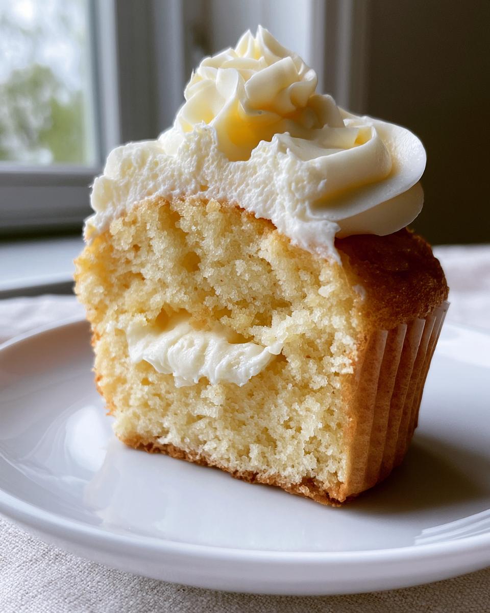 Light Lemon Cupcakes with Creamy Buttercream 5 A close-up of a light lemon cupcake, cut in half to reveal the fluffy cake and creamy buttercream filling.