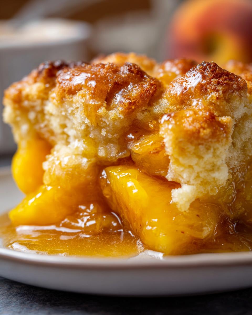 Mama's Texas-Style Peach Cobbler: Pure Bliss 4 A close-up of Mama's Texas-Style Peach Cobbler, showcasing juicy peaches and a golden-brown, buttery topping.