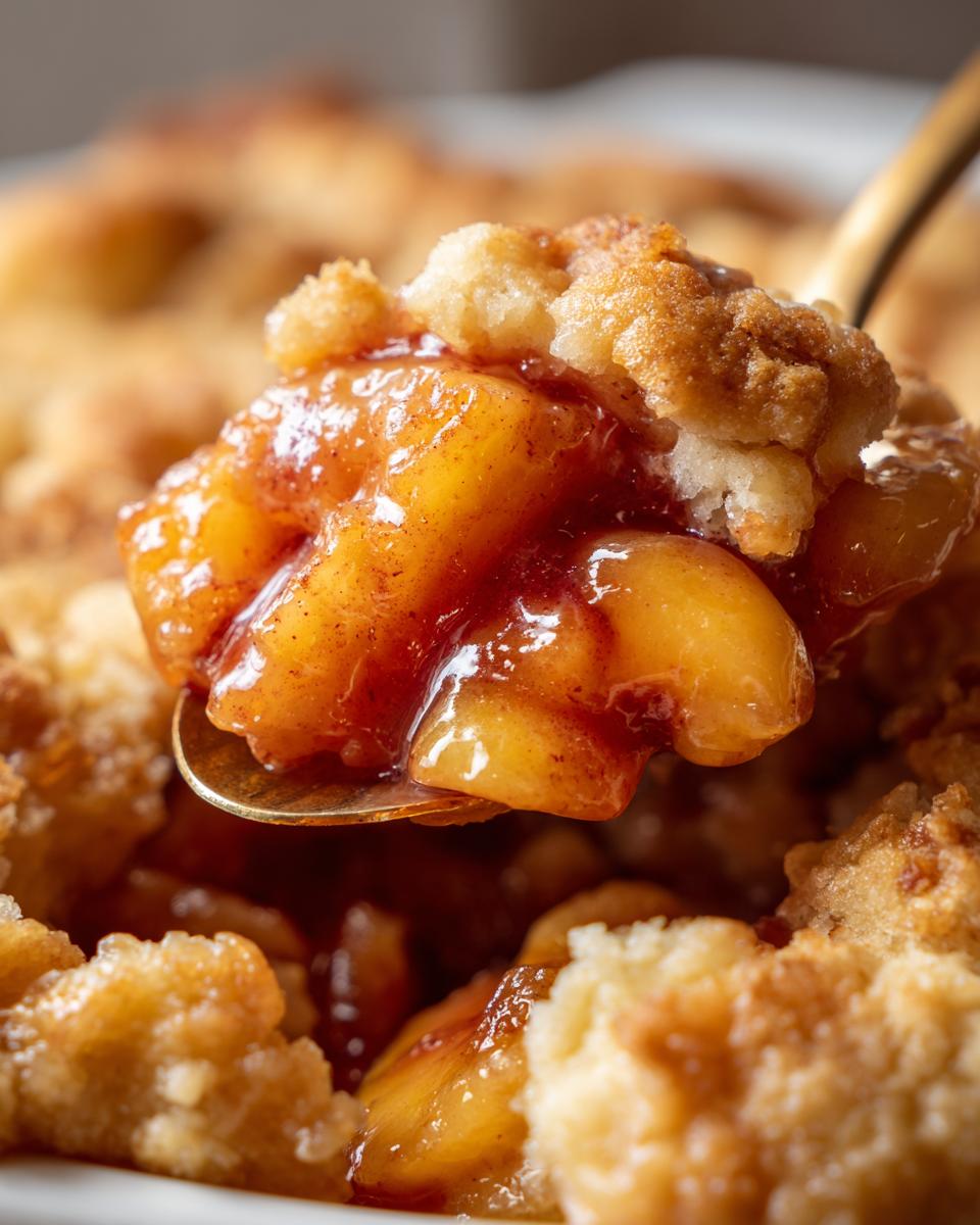 Mama's Texas-Style Peach Cobbler: Pure Bliss 5 A spoonful of Mama's Texas-Style Peach Cobbler, showing juicy peaches and crumbly topping.