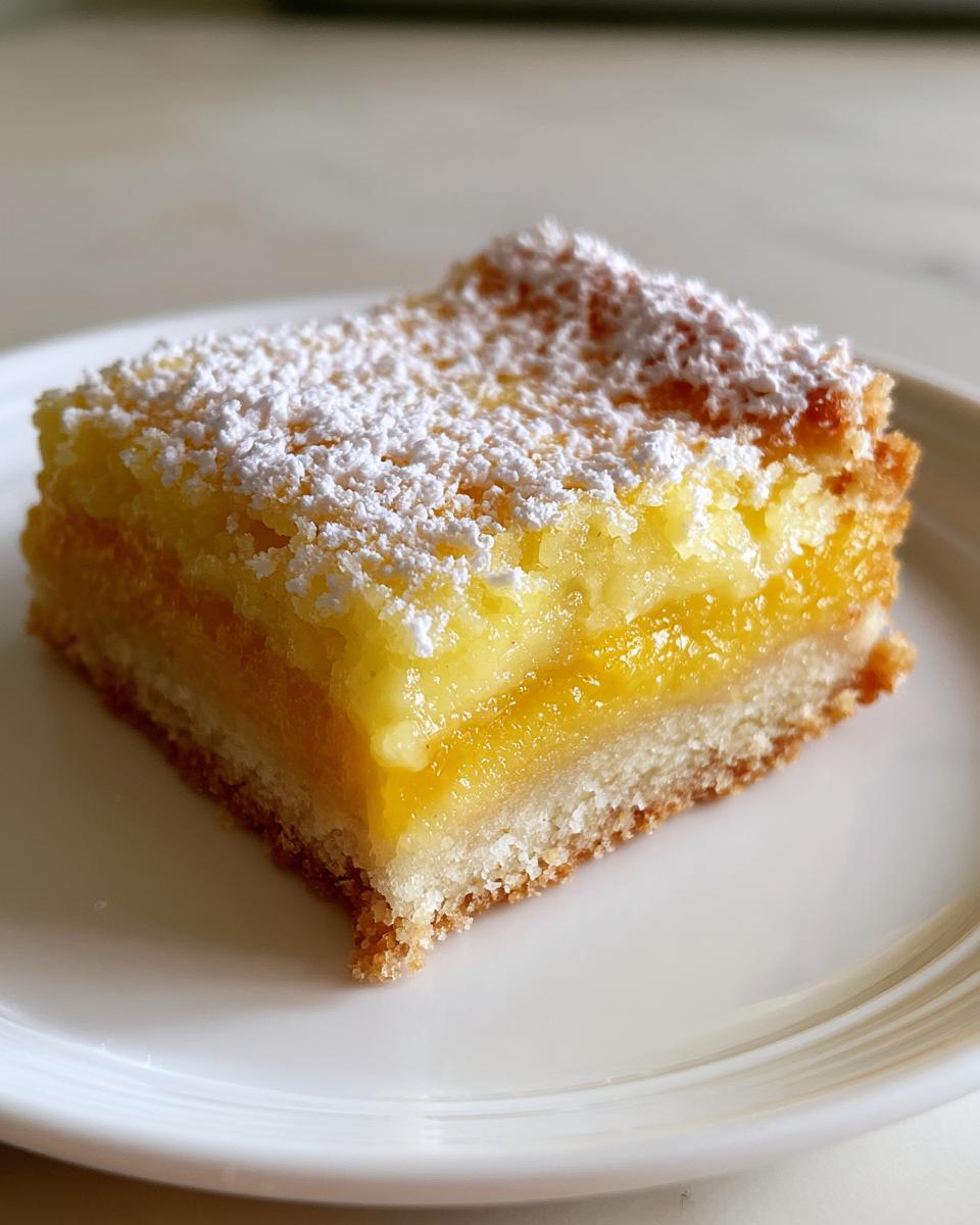 Irresistible Mango Lemon Bars You'll Love 5 A single, perfectly cut Mango Lemon Bar dusted with powdered sugar on a white plate.