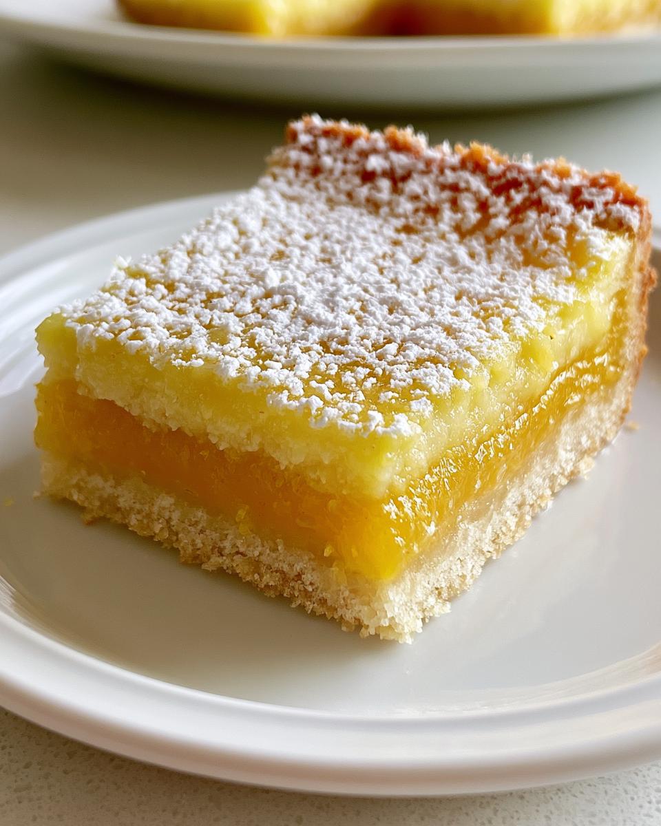Irresistible Mango Lemon Bars You'll Love 4 A delicious slice of Mango Lemon Bars dusted with powdered sugar on a white plate.