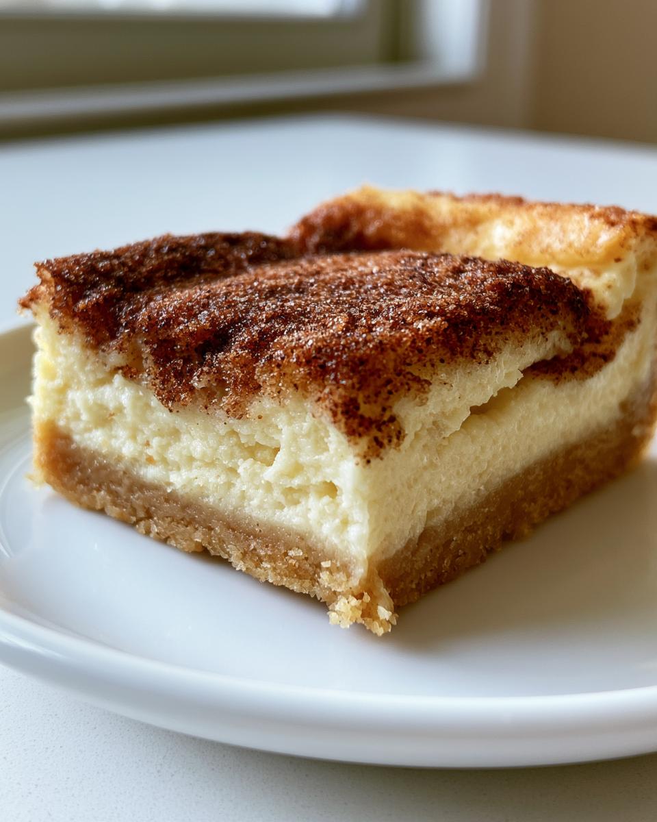 Mexican Churro Cheesecake Bars Worth Every Bite 4 A close-up of a delicious slice of Mexican Churro Cheesecake Bars on a white plate.