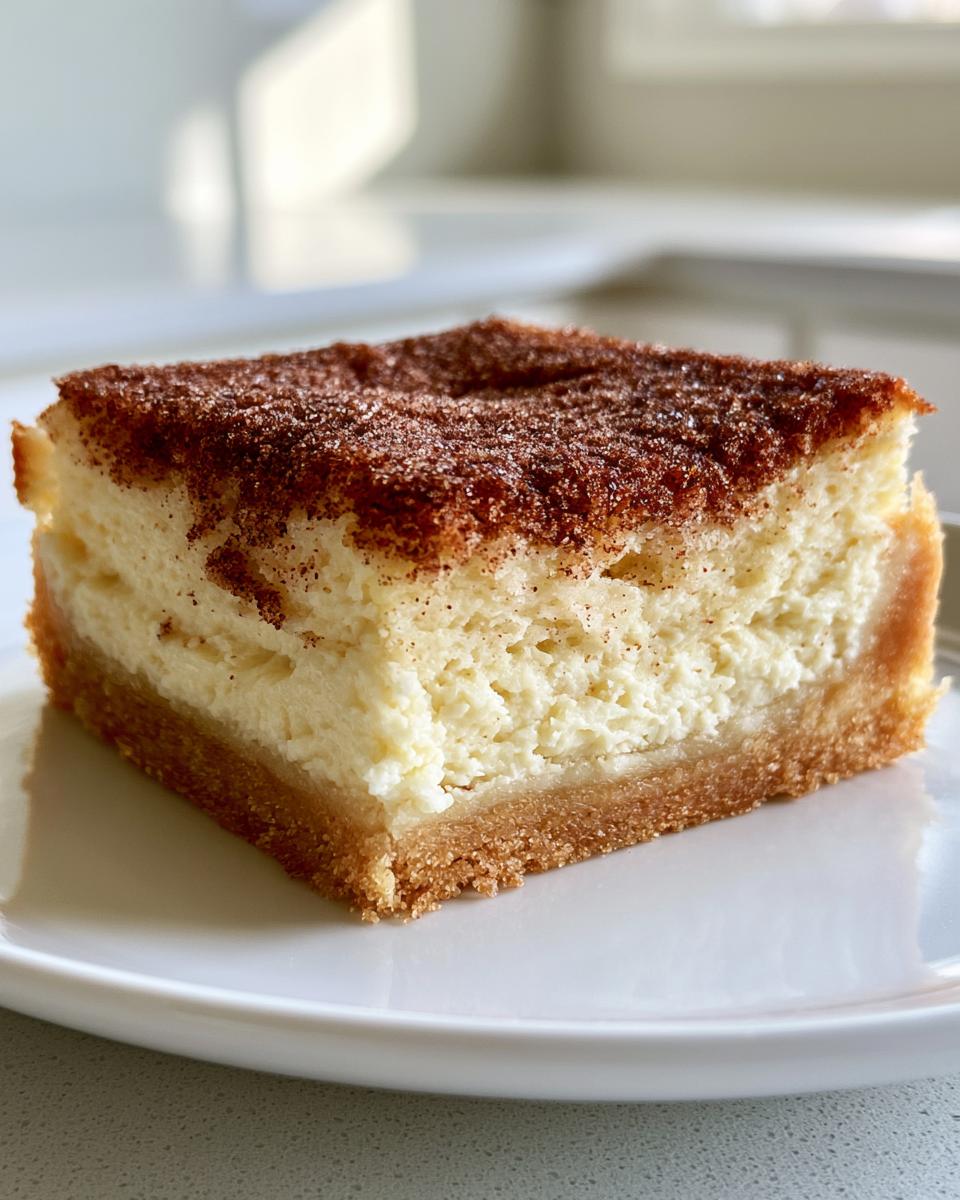 Mexican Churro Cheesecake Bars Worth Every Bite 5 A close-up of a slice of Mexican Churro Cheesecake Bars on a white plate, showing the creamy cheesecake filling and cinnamon-sugar topping.
