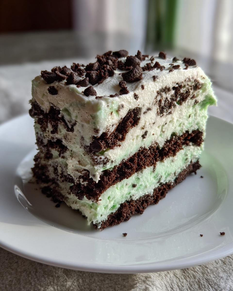 Glorious Mint Oreo Icebox Cake Recipe 4 A delicious slice of Mint Oreo Icebox Cake, featuring layers of chocolate cake, mint cream, and crushed Oreos, topped with chocolate crumbles.