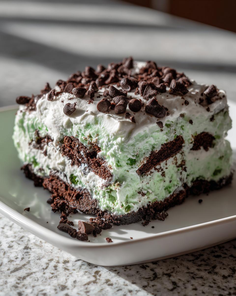 Glorious Mint Oreo Icebox Cake Recipe 5 A slice of Mint Oreo Icebox Cake topped with whipped cream and chocolate chips, showcasing layers of chocolate cookies and mint cream.