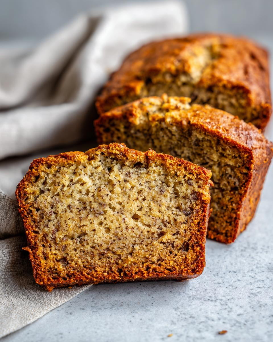 Moist Banana Bread with Sour Cream Perfection 4 Close-up of moist banana bread with sour cream, showing a slice with visible banana pieces and a golden-brown crust.