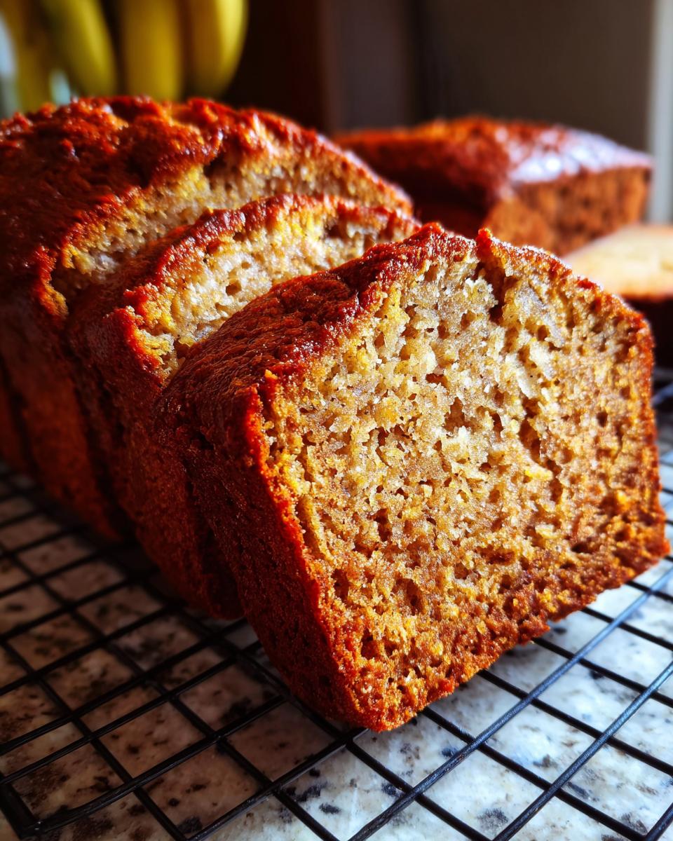 Moist Banana Bread with Sour Cream Perfection 5 Close-up of moist Banana Bread with Sour Cream, sliced and cooling on a wire rack.