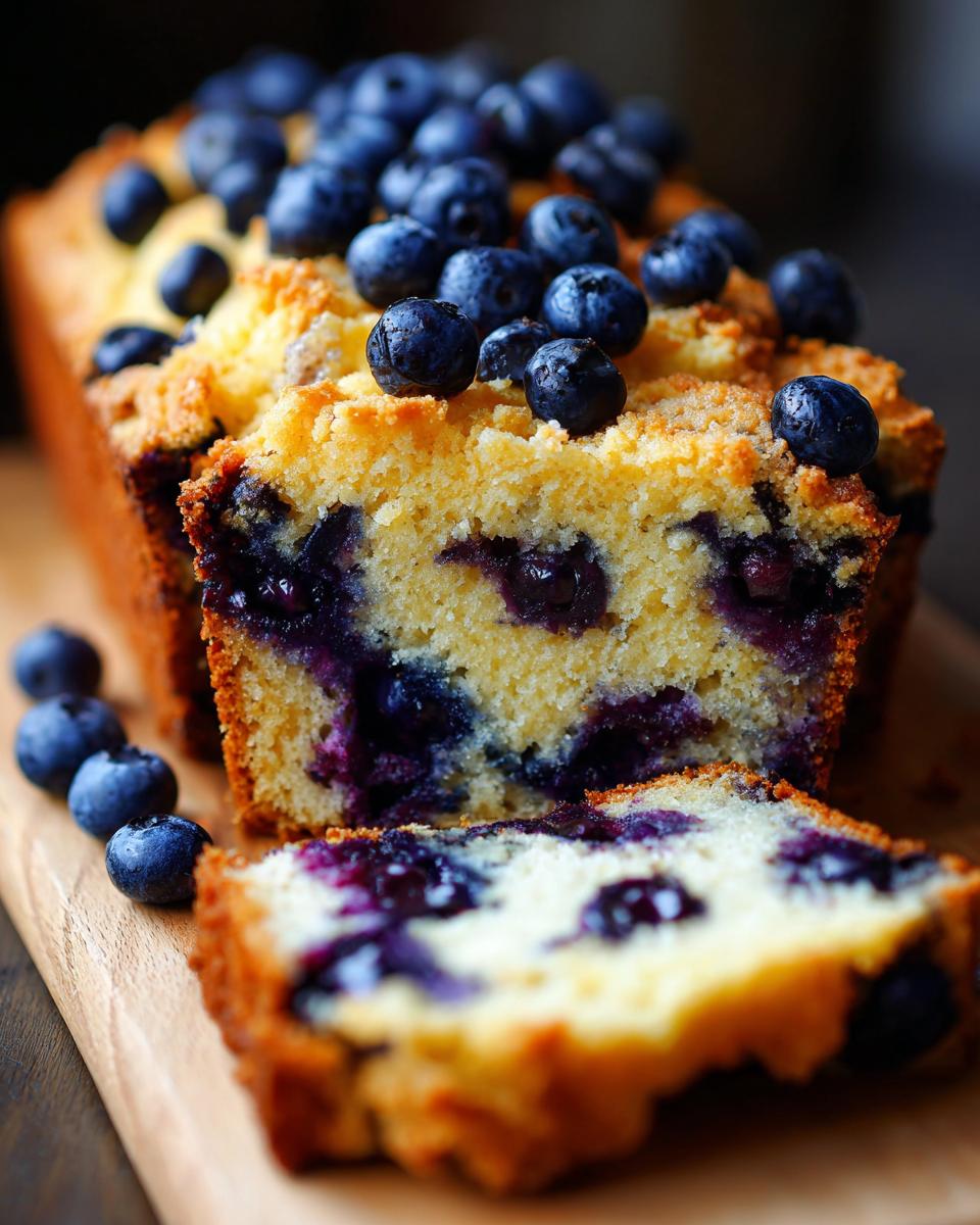 Guaranteed Moist Fresh Blueberry Cake 5 Close-up of a moist Fresh Blueberry Cake, topped with fresh blueberries and a slice cut to show the berry-filled interior.
